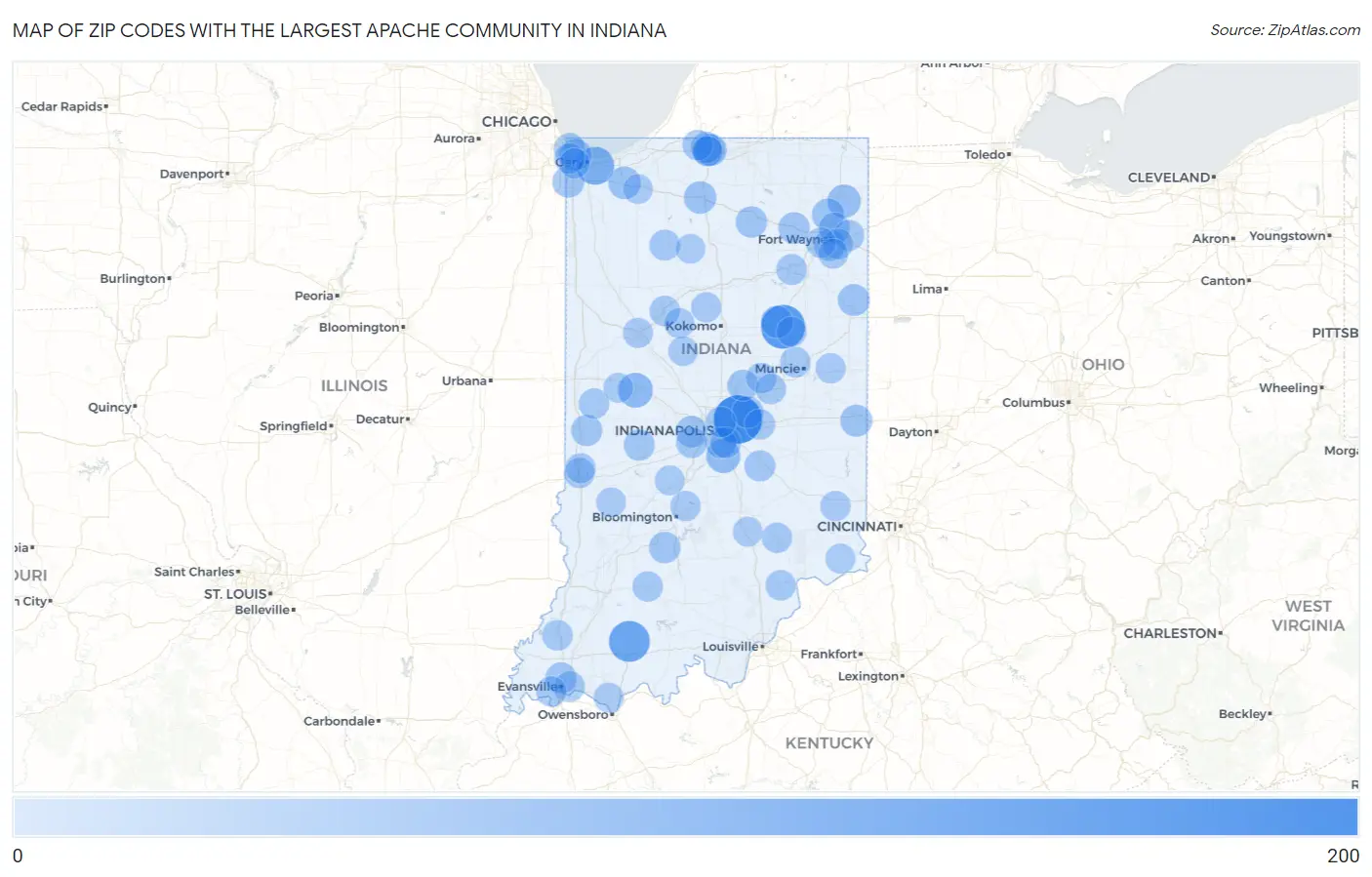 Zip Codes with the Largest Apache Community in Indiana Map