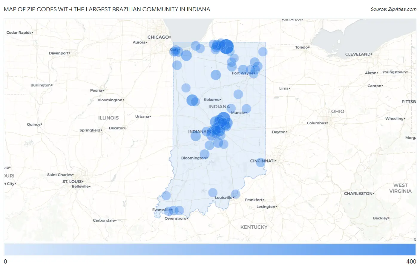 Zip Codes with the Largest Brazilian Community in Indiana Map
