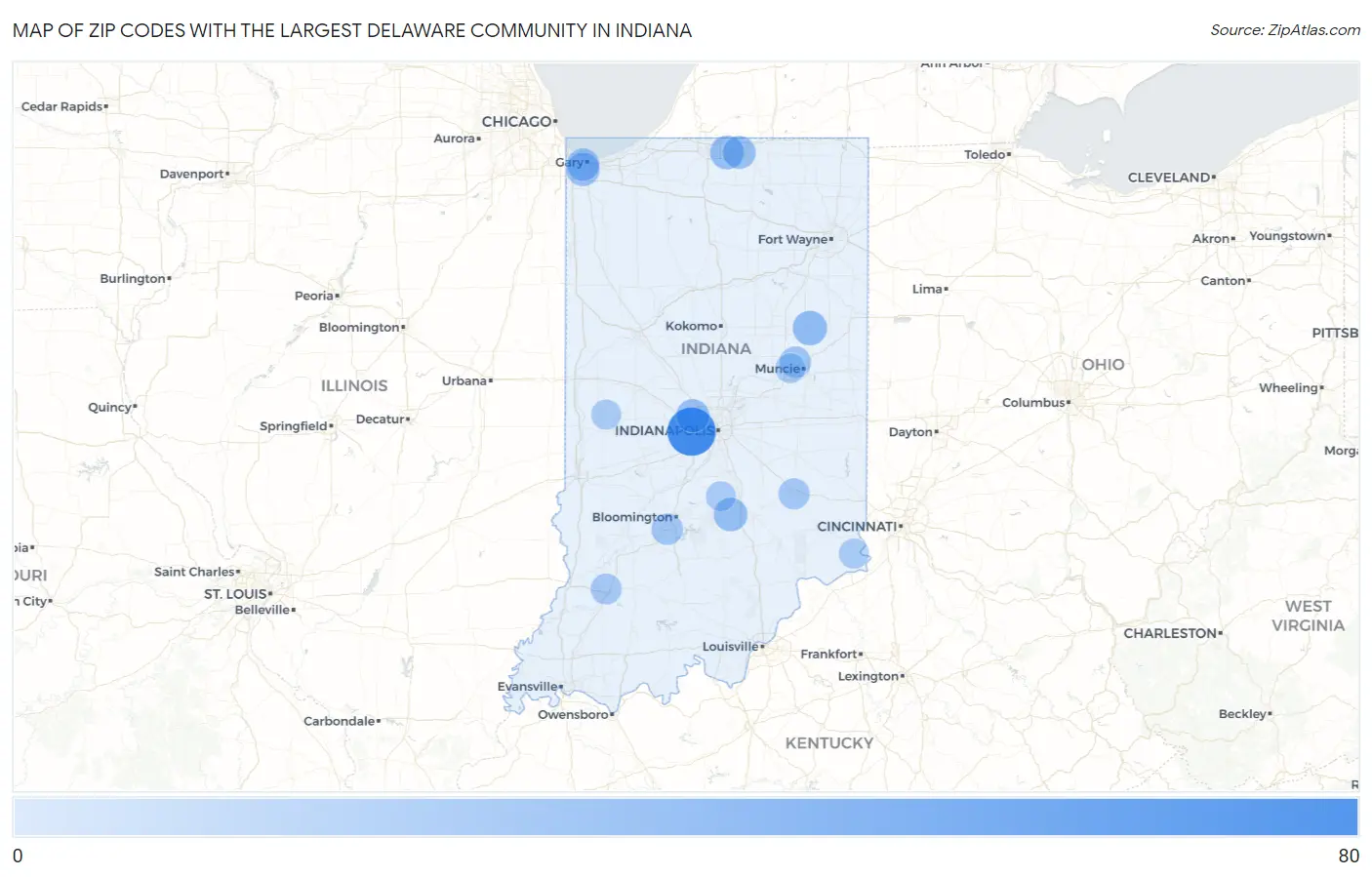 Zip Codes with the Largest Delaware Community in Indiana Map