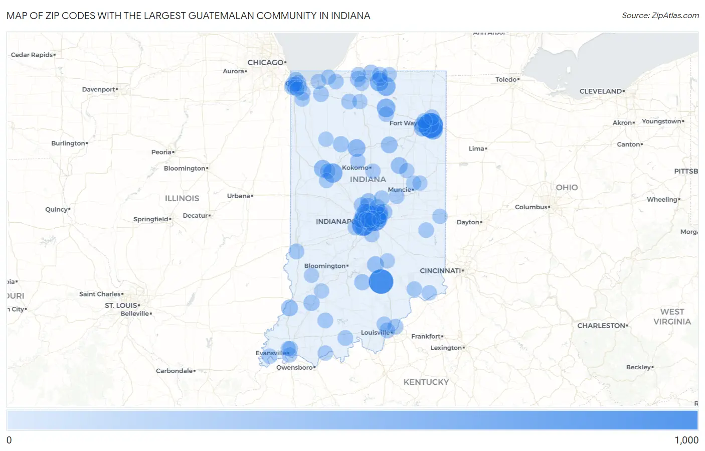 Zip Codes with the Largest Guatemalan Community in Indiana Map