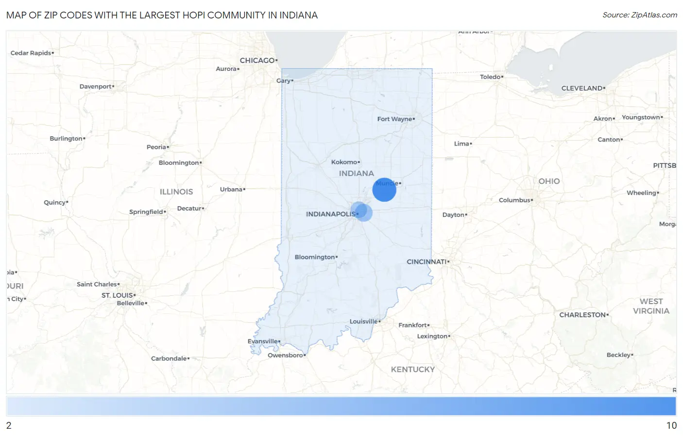 Zip Codes with the Largest Hopi Community in Indiana Map
