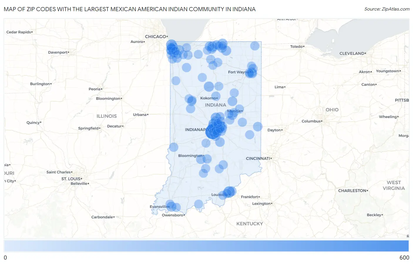 Zip Codes with the Largest Mexican American Indian Community in Indiana Map