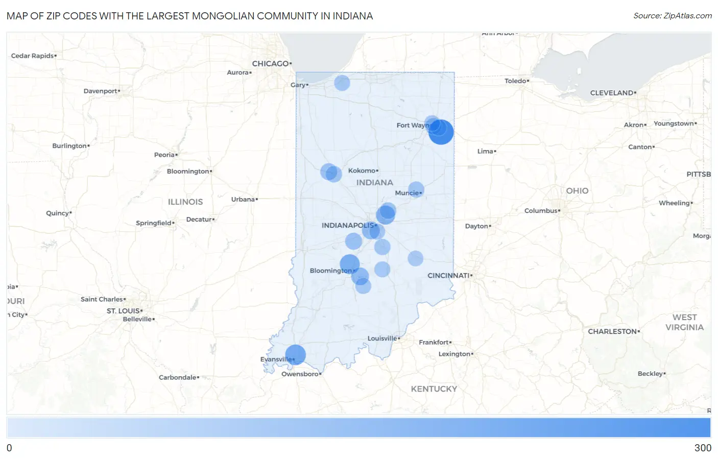 Zip Codes with the Largest Mongolian Community in Indiana Map
