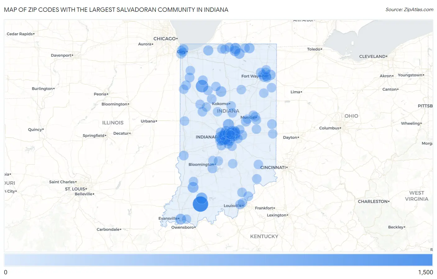 Zip Codes with the Largest Salvadoran Community in Indiana Map