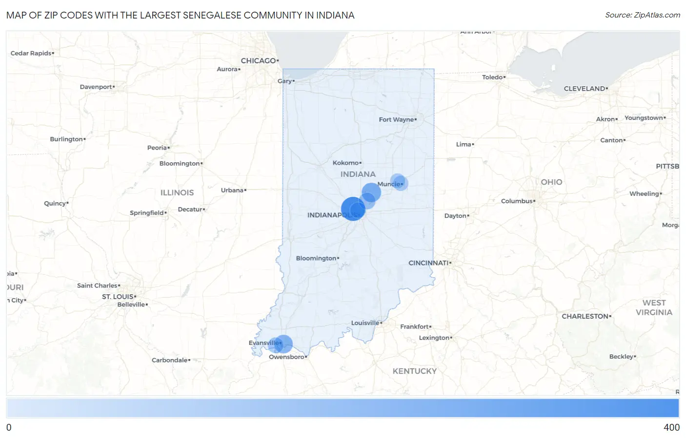 Zip Codes with the Largest Senegalese Community in Indiana Map