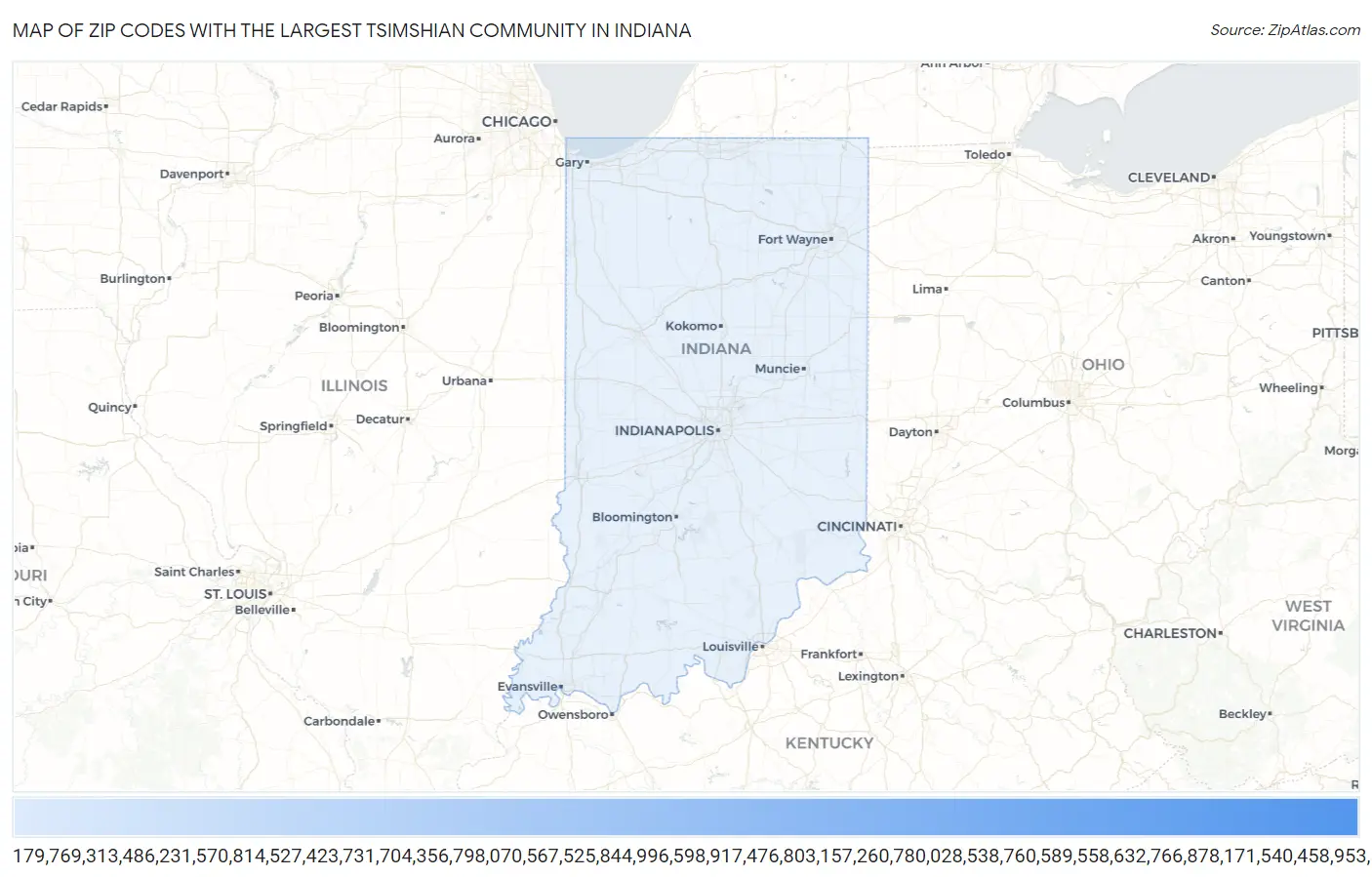 Zip Codes with the Largest Tsimshian Community in Indiana Map