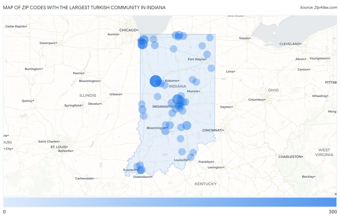 Zip Codes with the Largest Turkish Community in Indiana Map