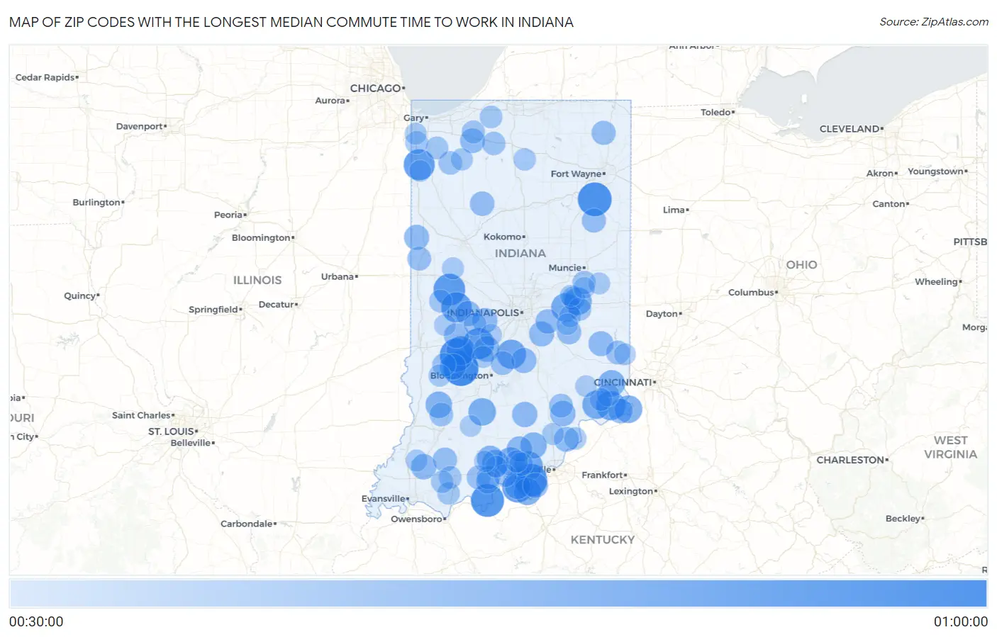 Zip Codes with the Longest Median Commute Time to Work in Indiana Map