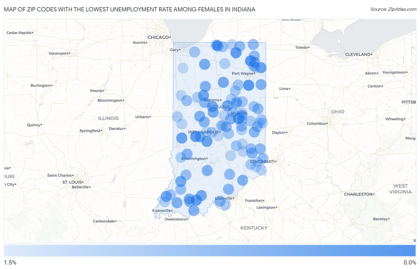 Zip Codes with the Lowest Unemployment Rate Among Females in Indiana Map