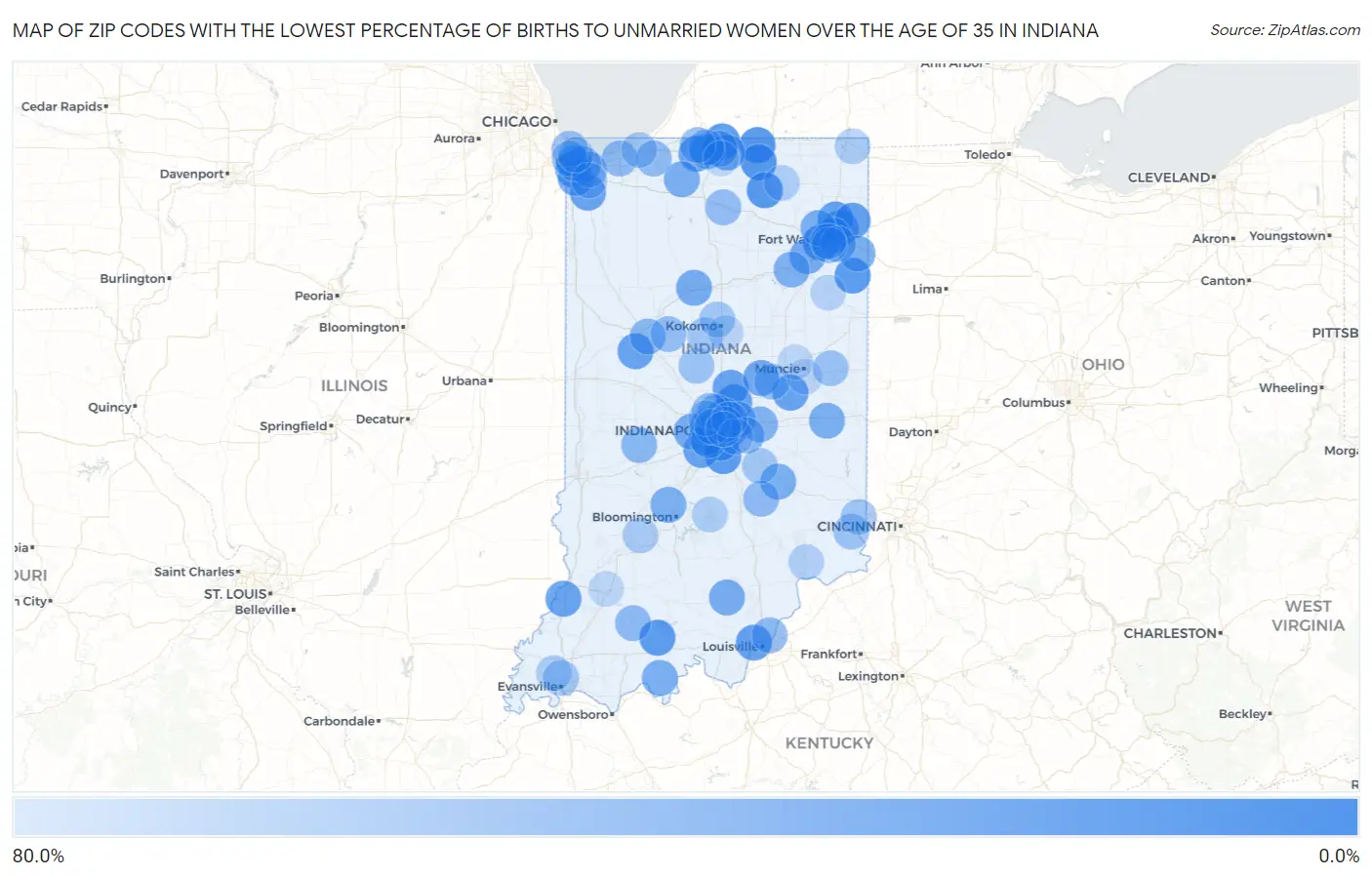 Zip Codes with the Lowest Percentage of Births to Unmarried Women over the Age of 35 in Indiana Map