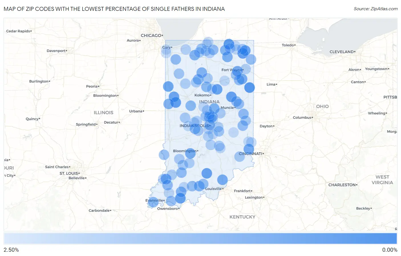 Zip Codes with the Lowest Percentage of Single Fathers in Indiana Map