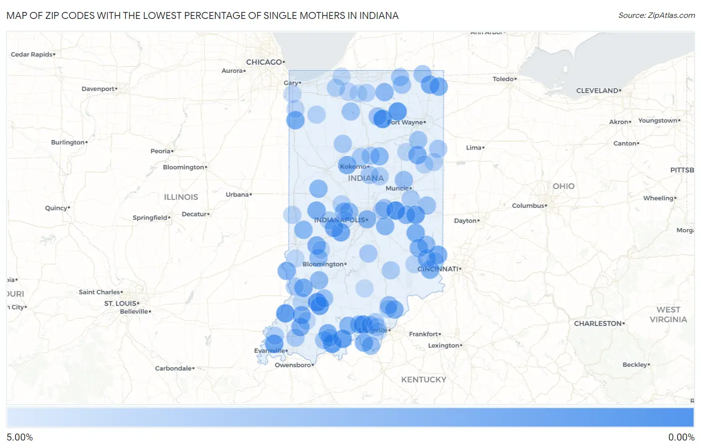 Zip Codes with the Lowest Percentage of Single Mothers in Indiana Map