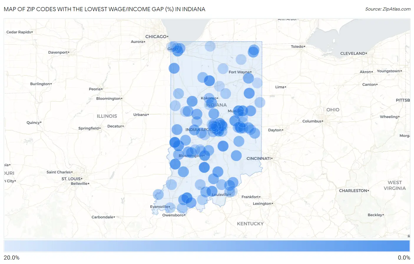Zip Codes with the Lowest Wage/Income Gap (%) in Indiana Map