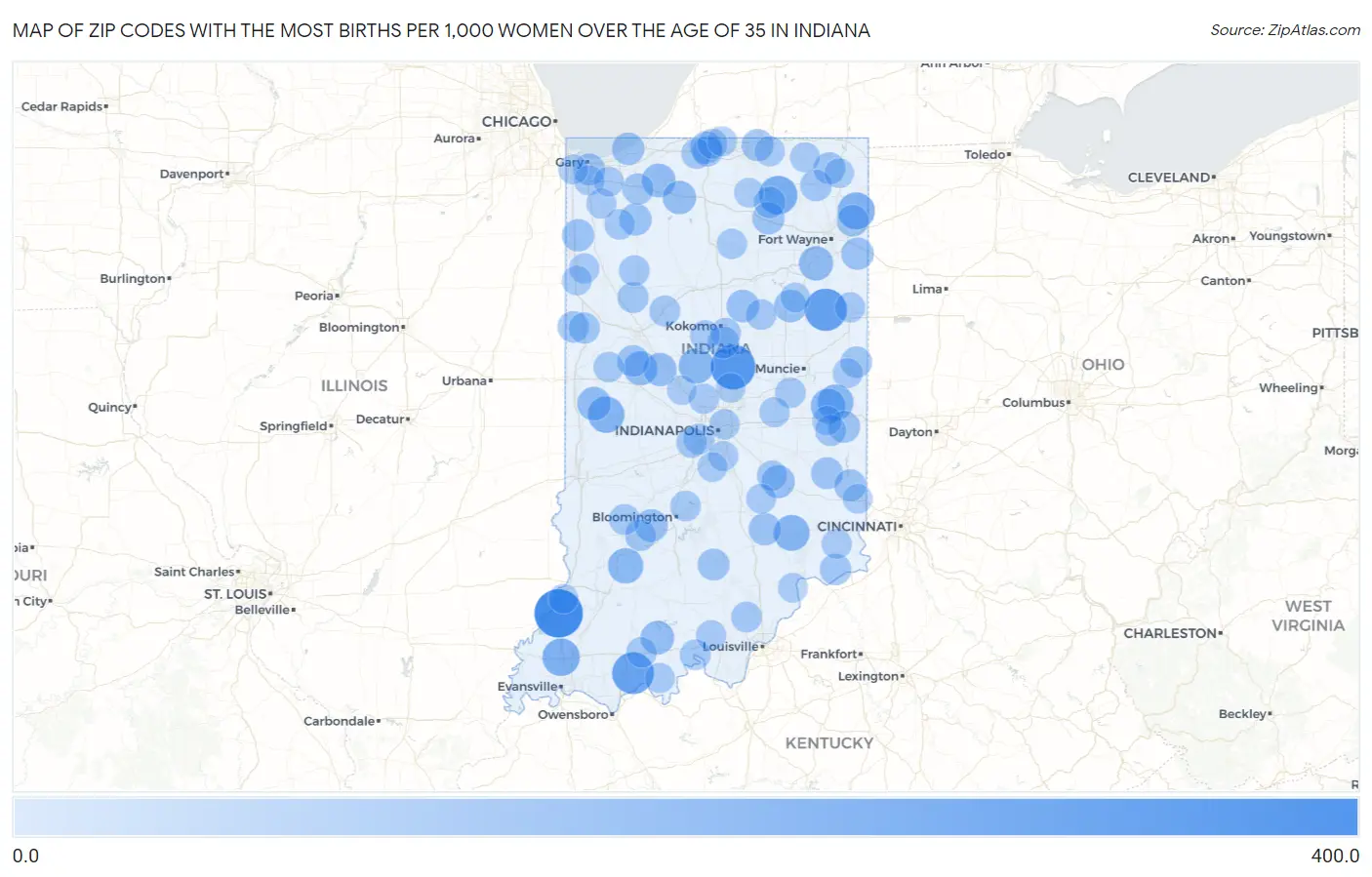 Zip Codes with the Most Births per 1,000 Women Over the Age of 35 in Indiana Map