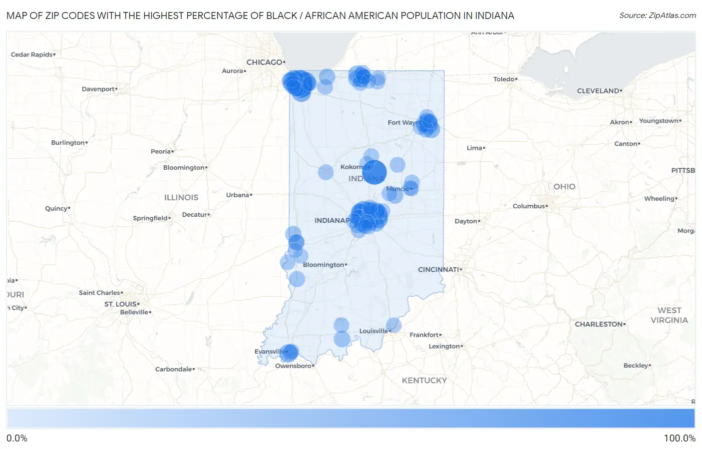 Zip Codes with the Highest Percentage of Black / African American Population in Indiana Map