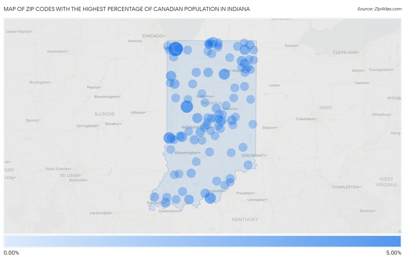 Zip Codes with the Highest Percentage of Canadian Population in Indiana Map