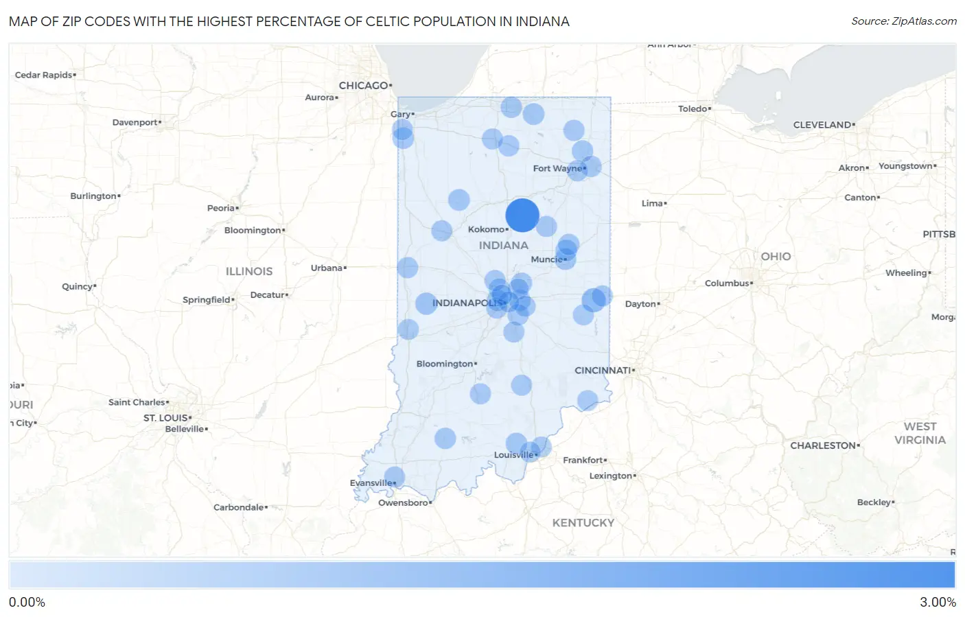 Zip Codes with the Highest Percentage of Celtic Population in Indiana Map
