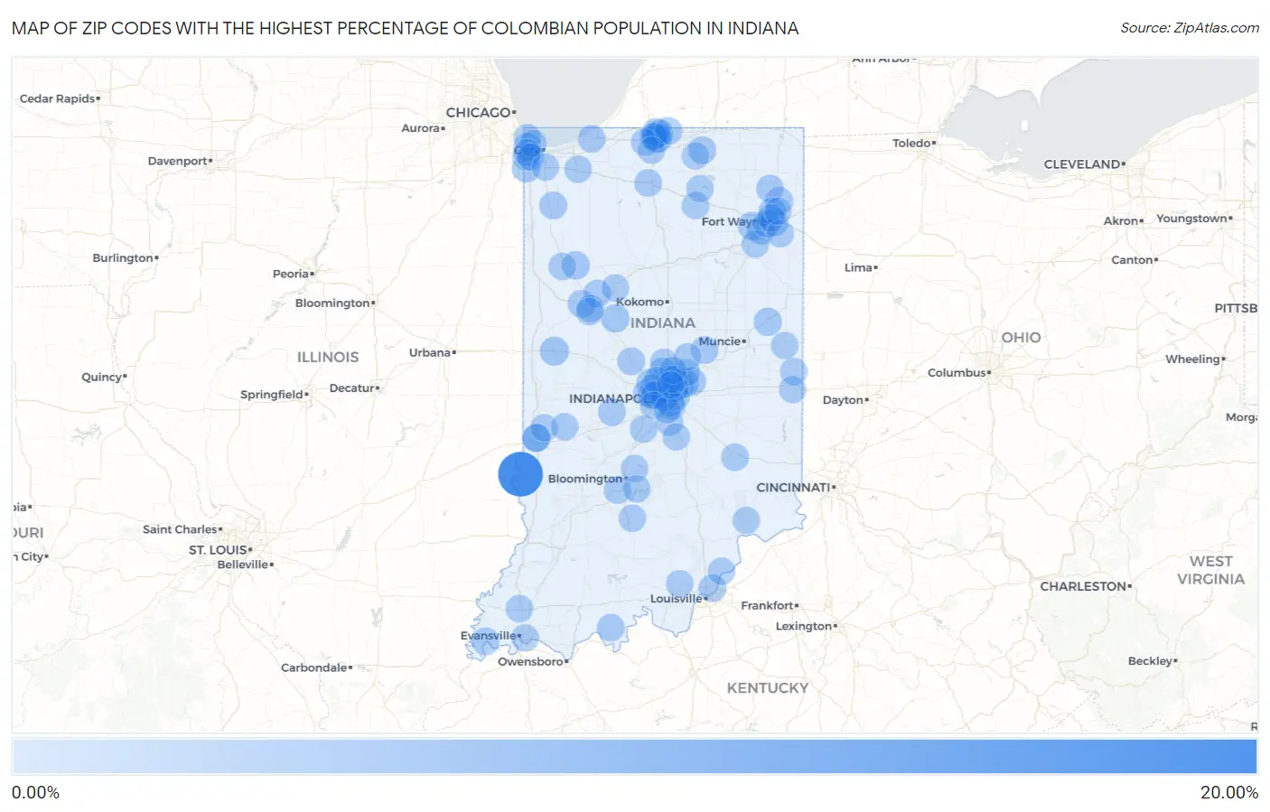 Zip Codes with the Highest Percentage of Colombian Population in Indiana Map