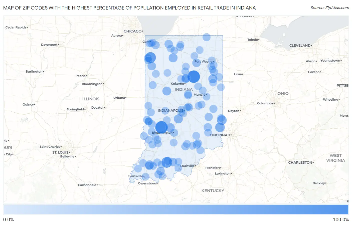Zip Codes with the Highest Percentage of Population Employed in Retail Trade in Indiana Map