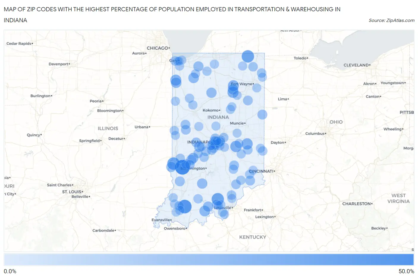 Zip Codes with the Highest Percentage of Population Employed in Transportation & Warehousing in Indiana Map