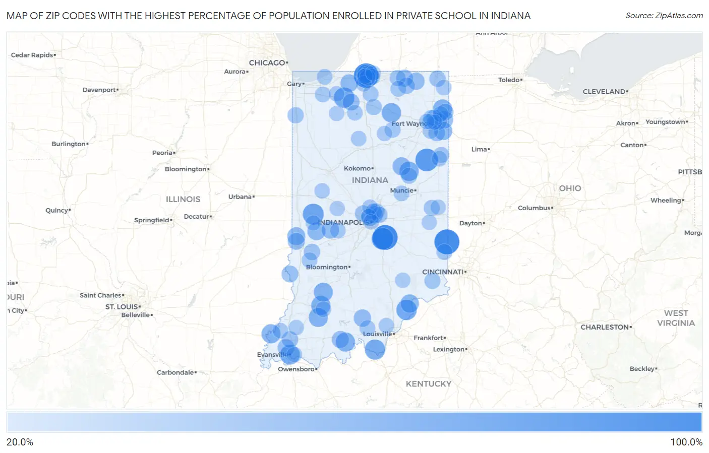 Zip Codes with the Highest Percentage of Population Enrolled in Private School in Indiana Map