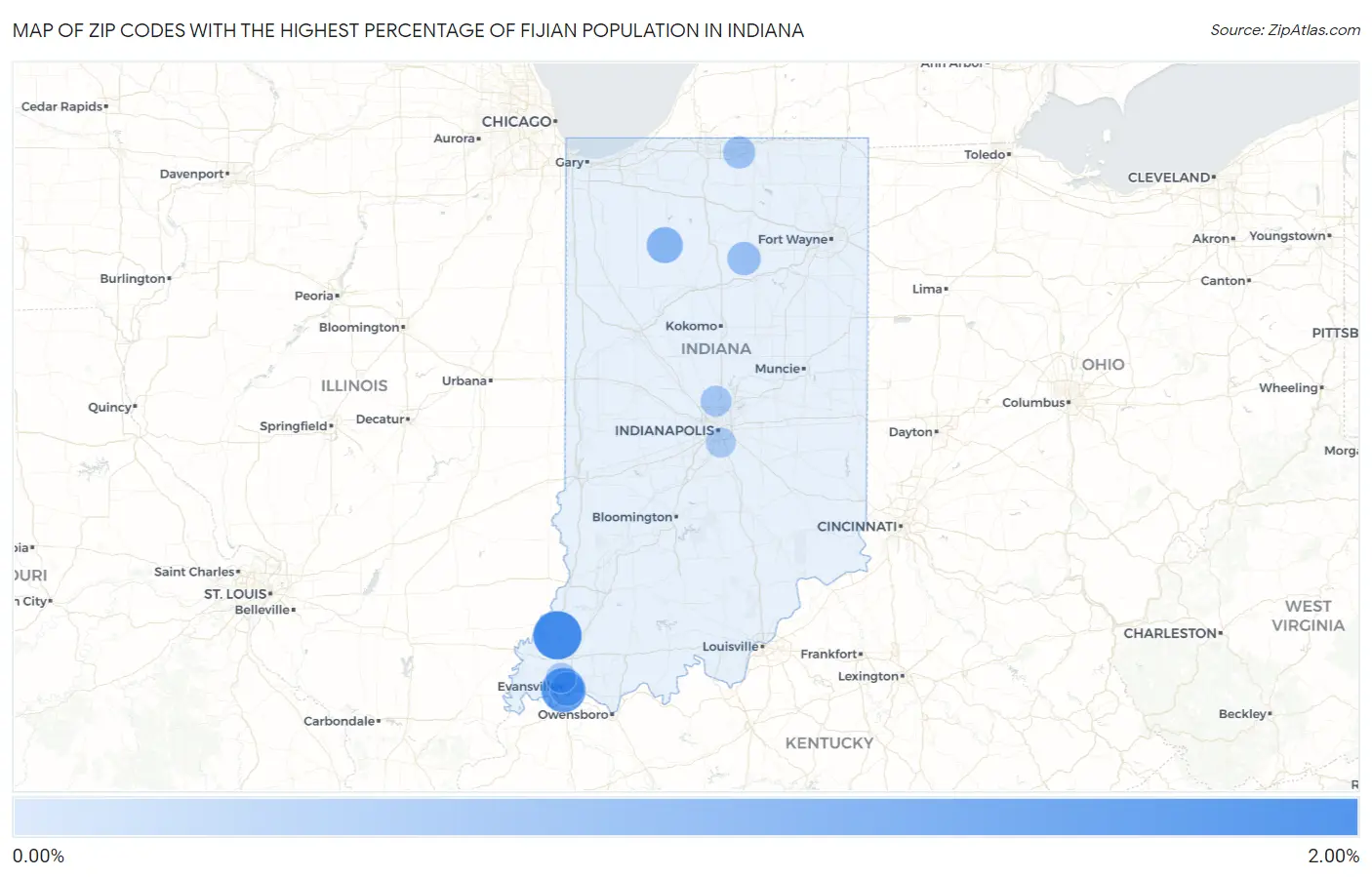 Zip Codes with the Highest Percentage of Fijian Population in Indiana Map