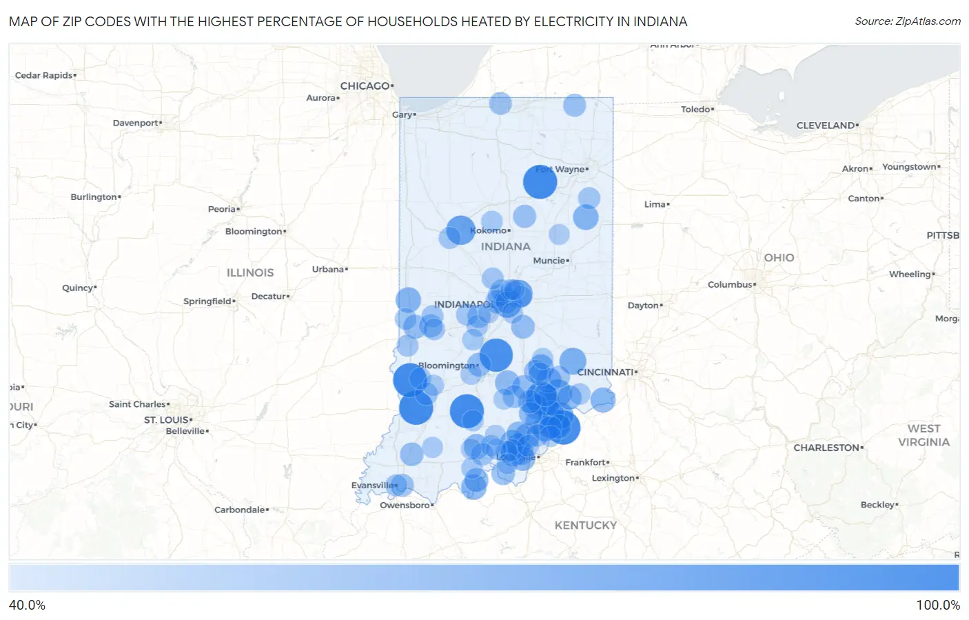 Zip Codes with the Highest Percentage of Households Heated by Electricity in Indiana Map