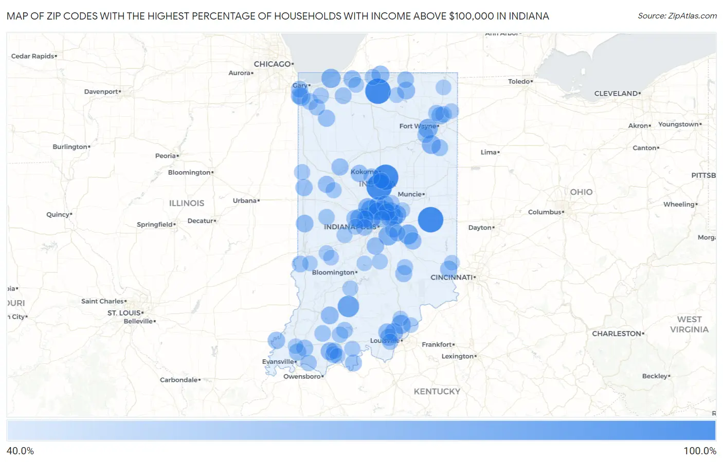 Zip Codes with the Highest Percentage of Households with Income Above $100,000 in Indiana Map