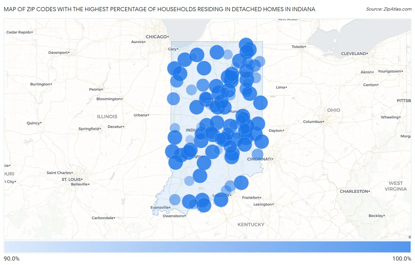 Zip Codes with the Highest Percentage of Households Residing in Detached Homes in Indiana Map