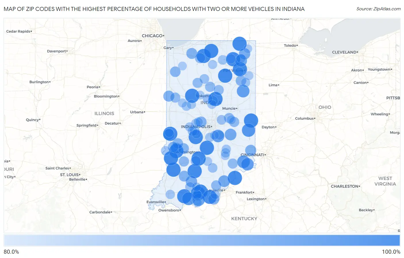 Zip Codes with the Highest Percentage of Households With Two or more Vehicles in Indiana Map