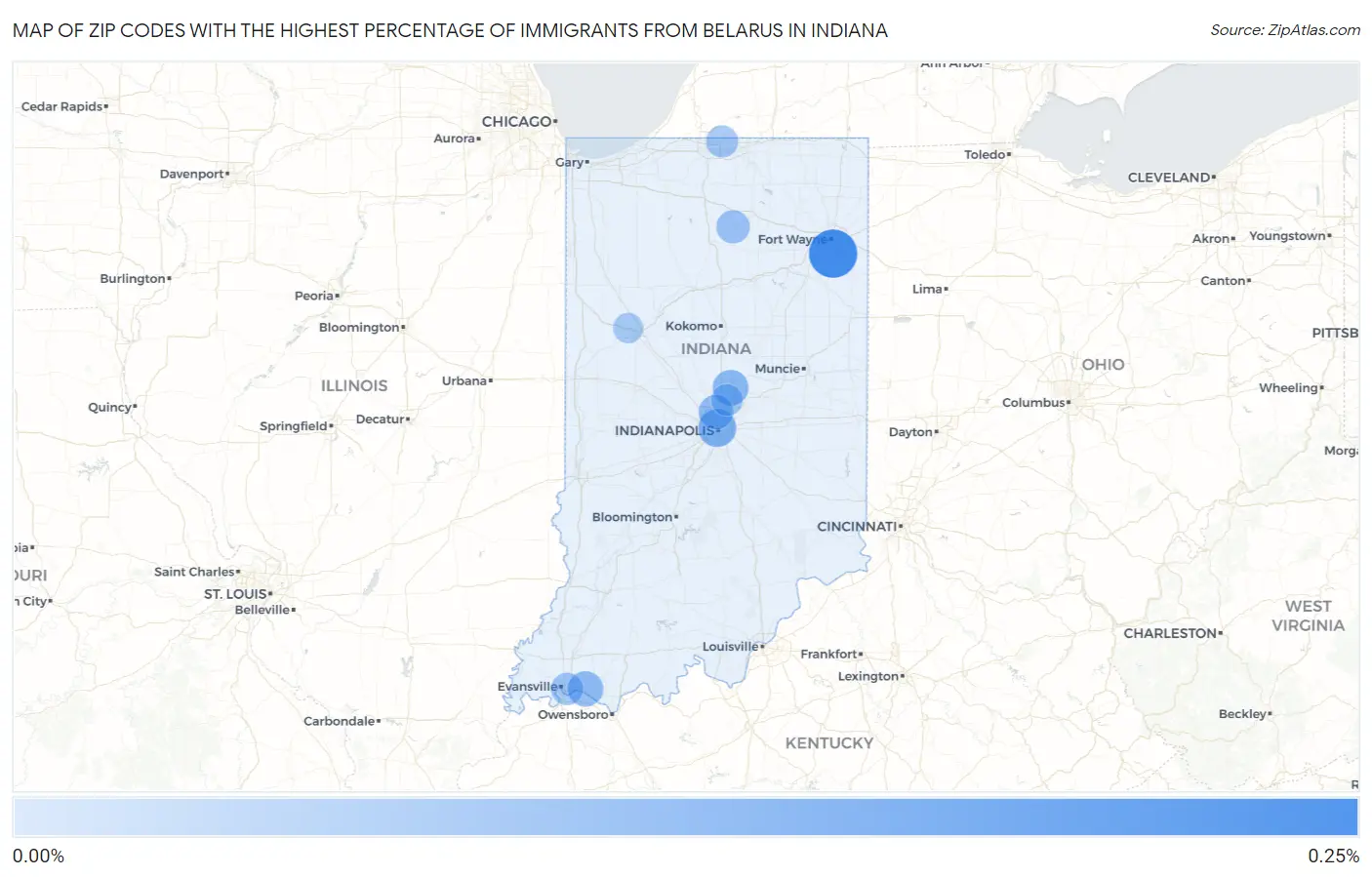 Zip Codes with the Highest Percentage of Immigrants from Belarus in Indiana Map