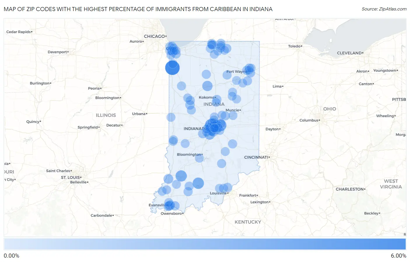 Zip Codes with the Highest Percentage of Immigrants from Caribbean in Indiana Map