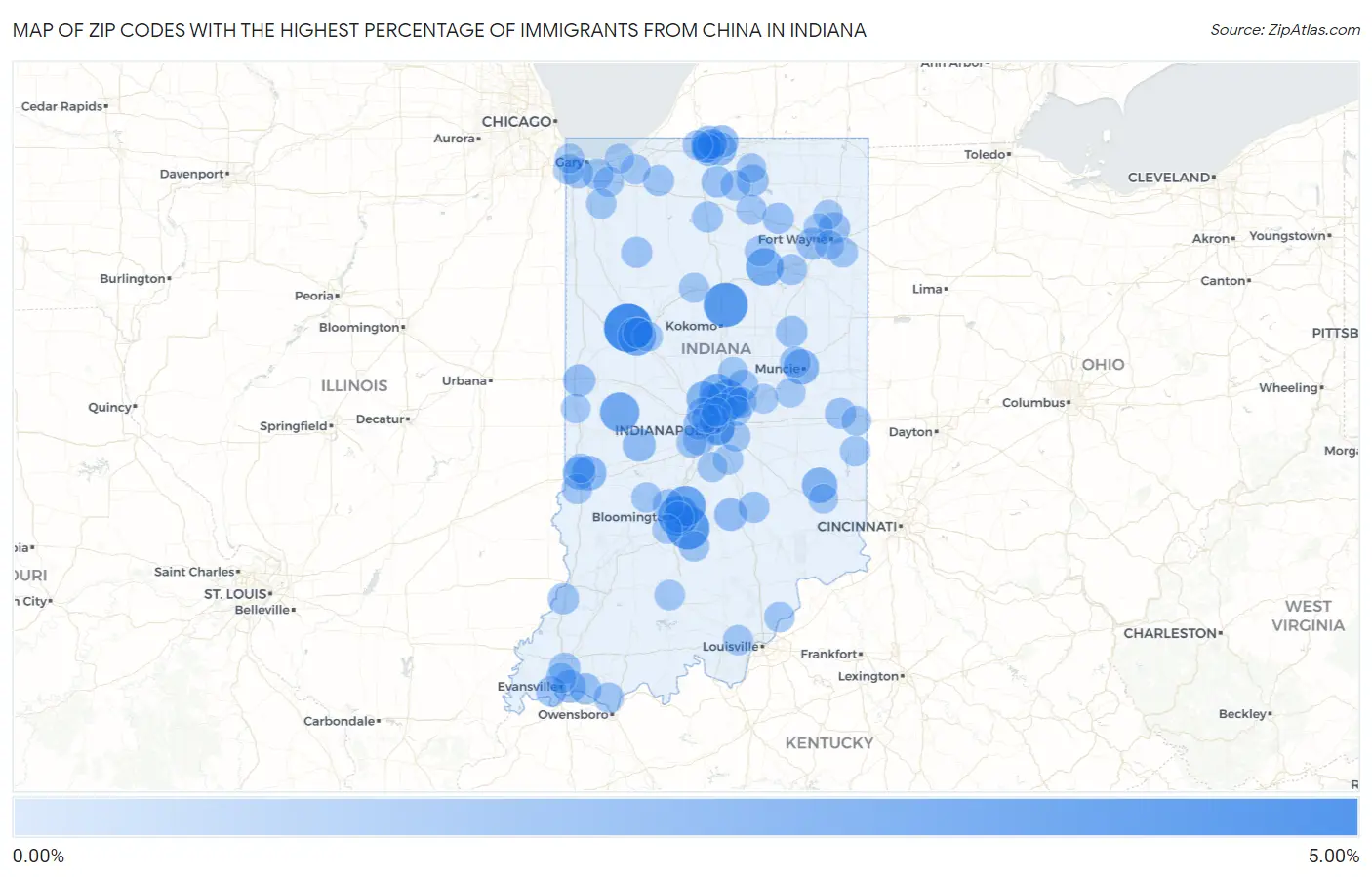 Zip Codes with the Highest Percentage of Immigrants from China in Indiana Map