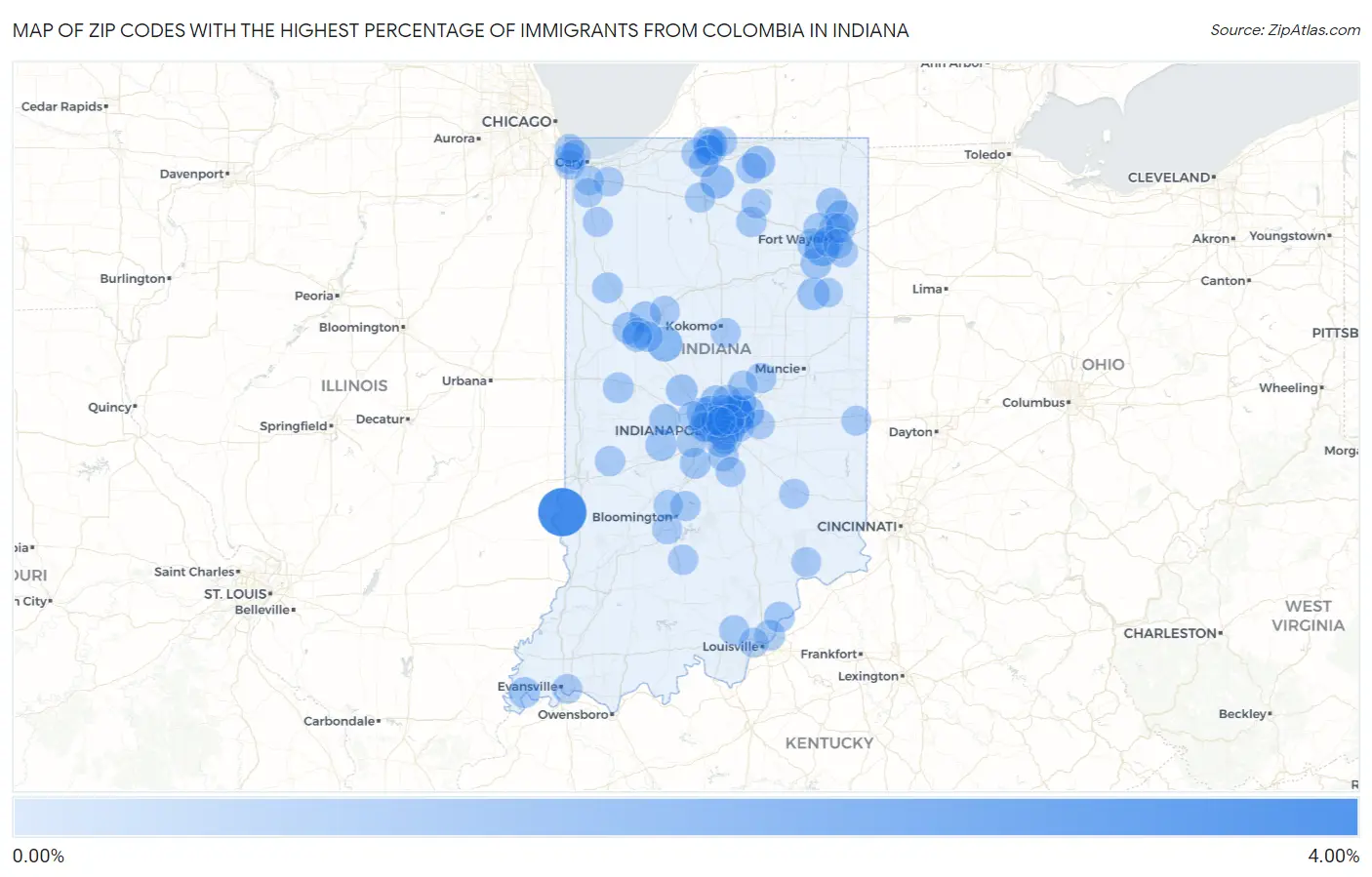 Zip Codes with the Highest Percentage of Immigrants from Colombia in Indiana Map