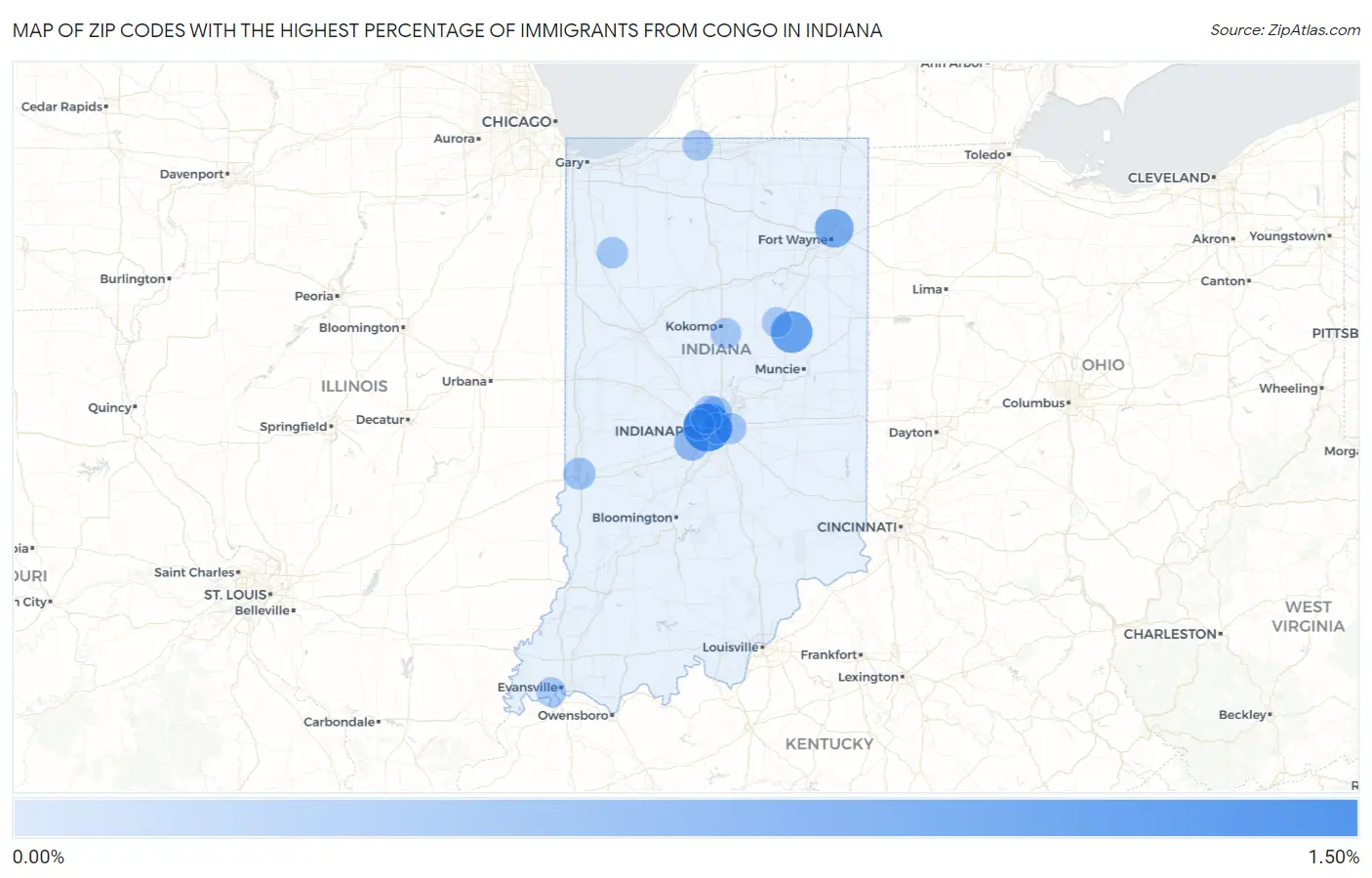 Zip Codes with the Highest Percentage of Immigrants from Congo in Indiana Map
