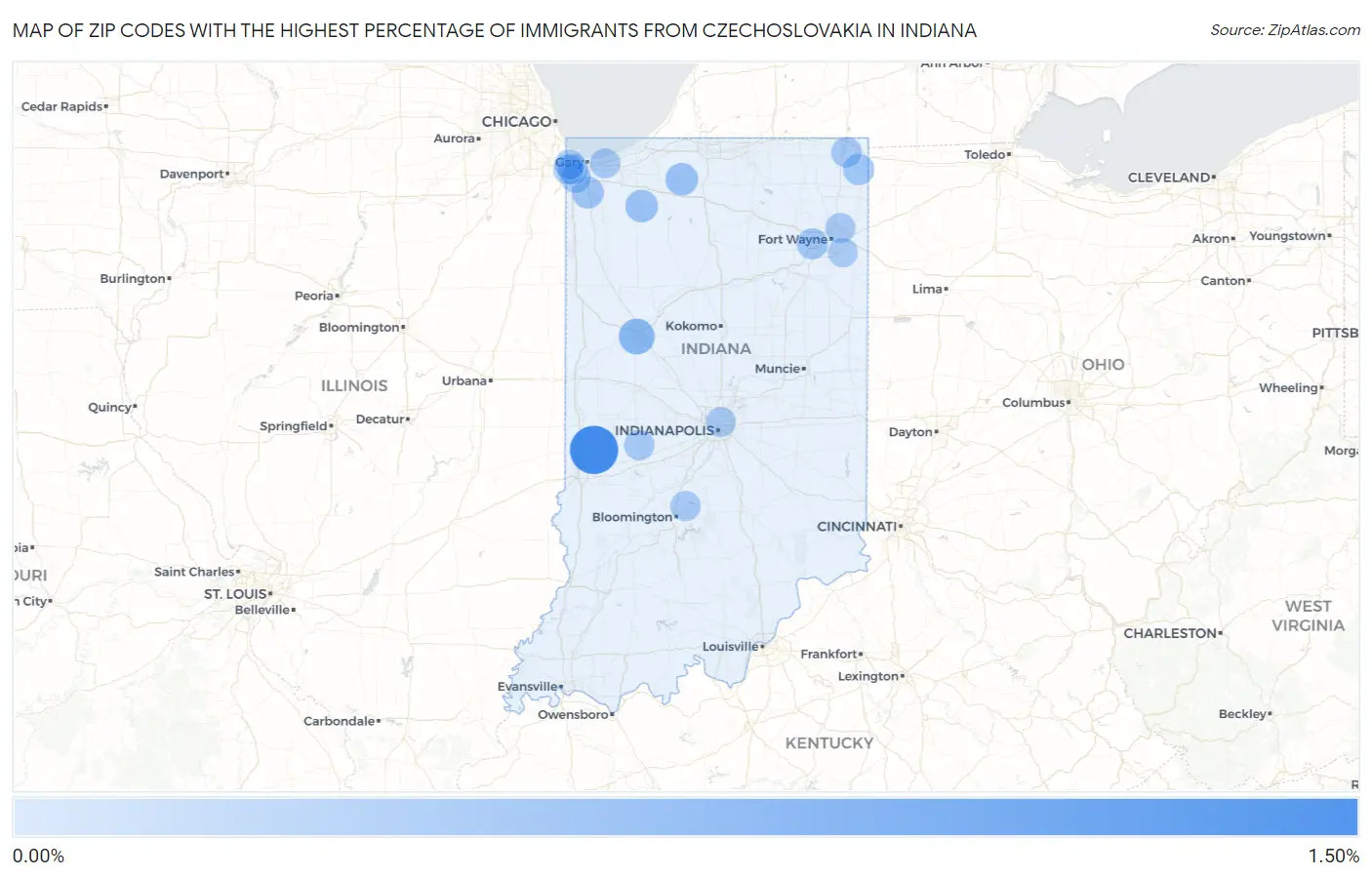 Zip Codes with the Highest Percentage of Immigrants from Czechoslovakia in Indiana Map