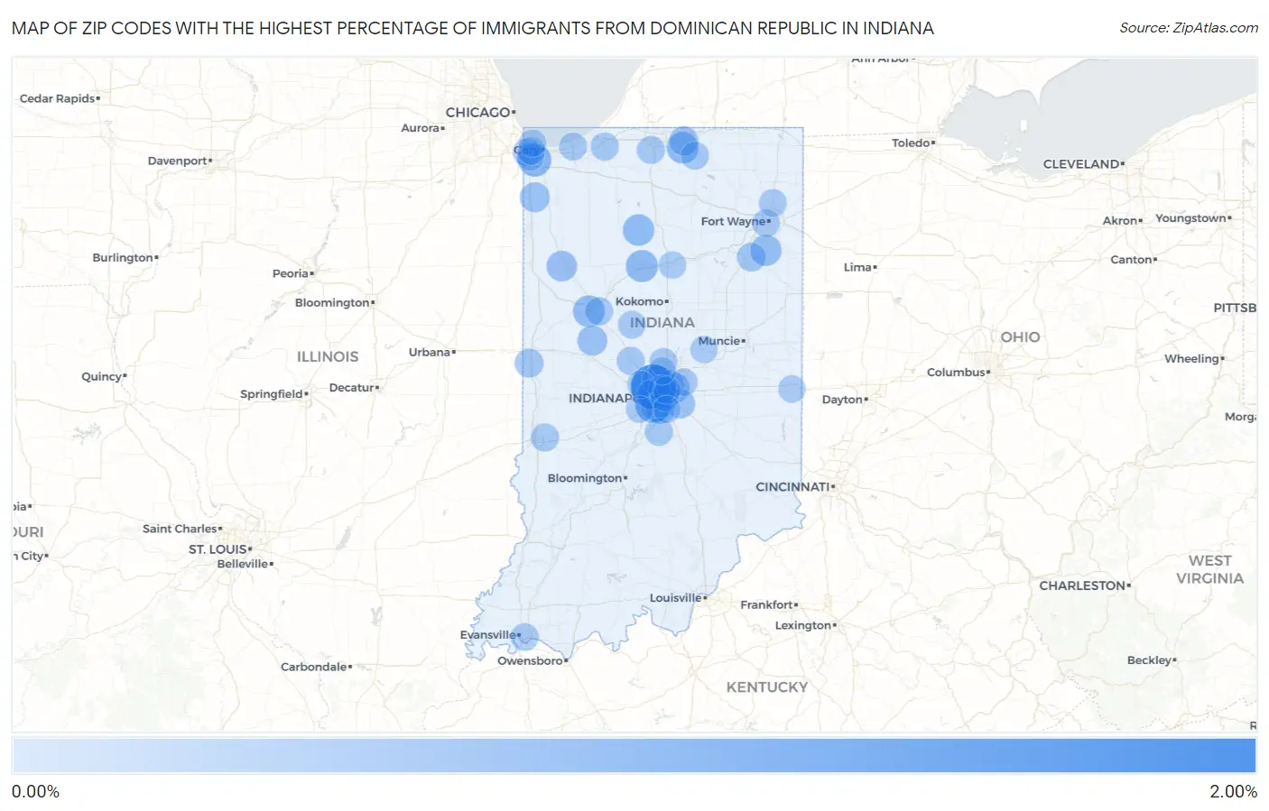 Zip Codes with the Highest Percentage of Immigrants from Dominican Republic in Indiana Map