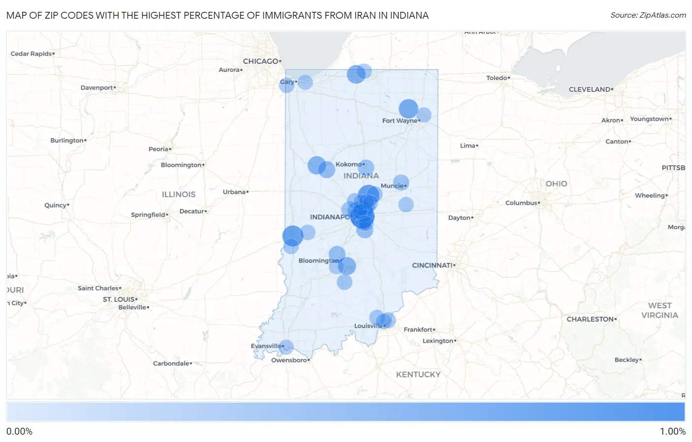 Zip Codes with the Highest Percentage of Immigrants from Iran in Indiana Map