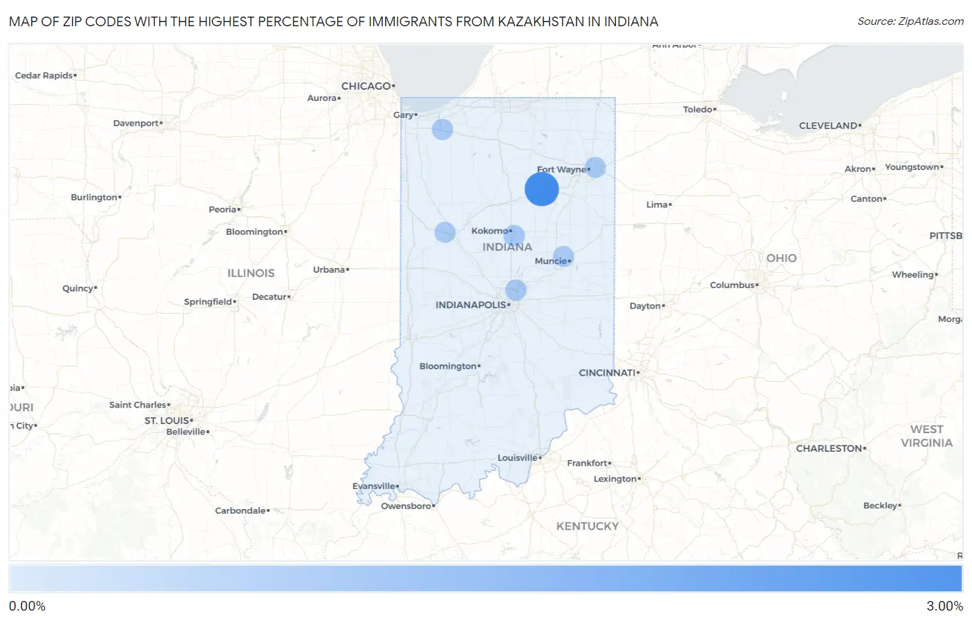 Zip Codes with the Highest Percentage of Immigrants from Kazakhstan in Indiana Map