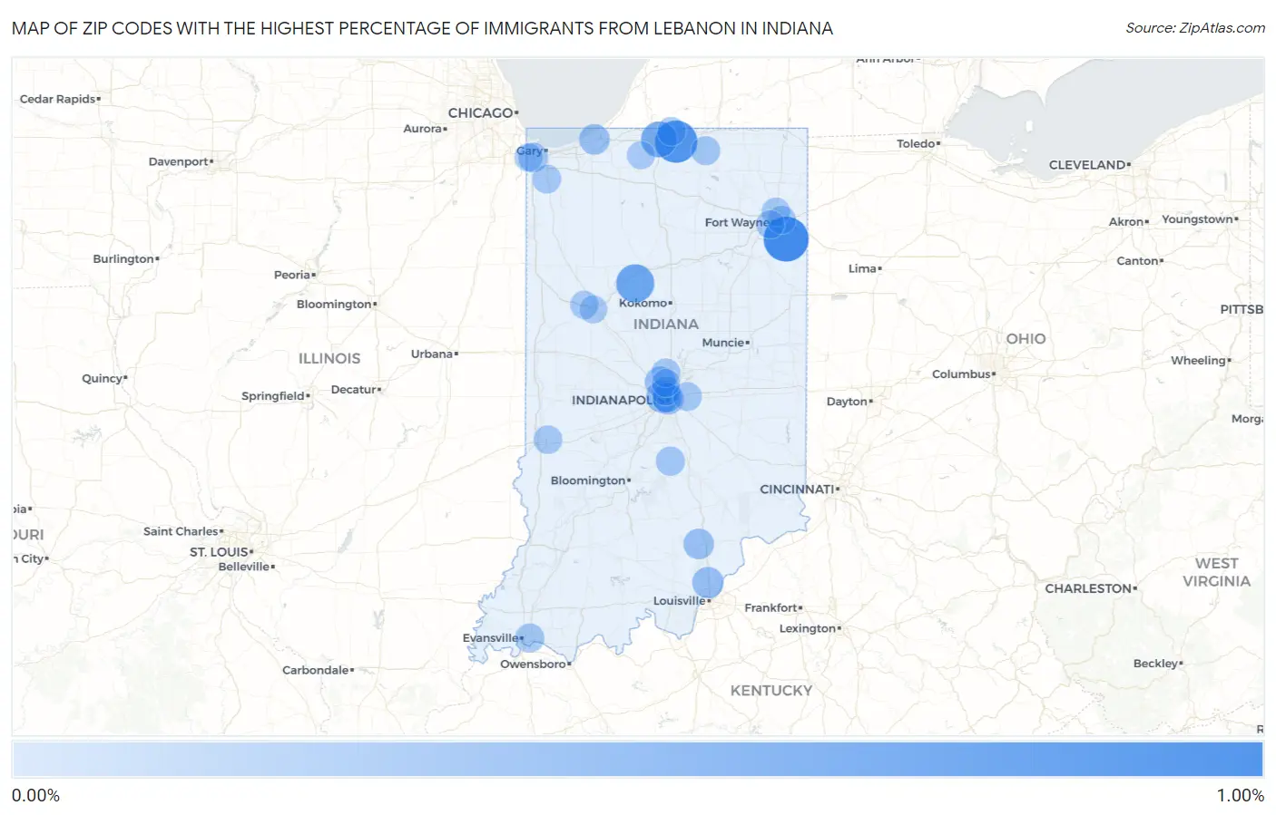 Zip Codes with the Highest Percentage of Immigrants from Lebanon in Indiana Map