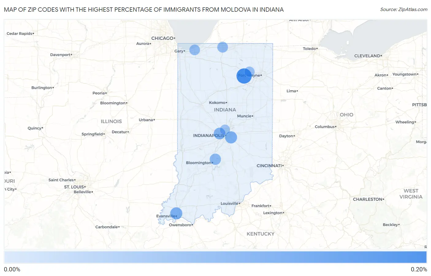 Zip Codes with the Highest Percentage of Immigrants from Moldova in Indiana Map