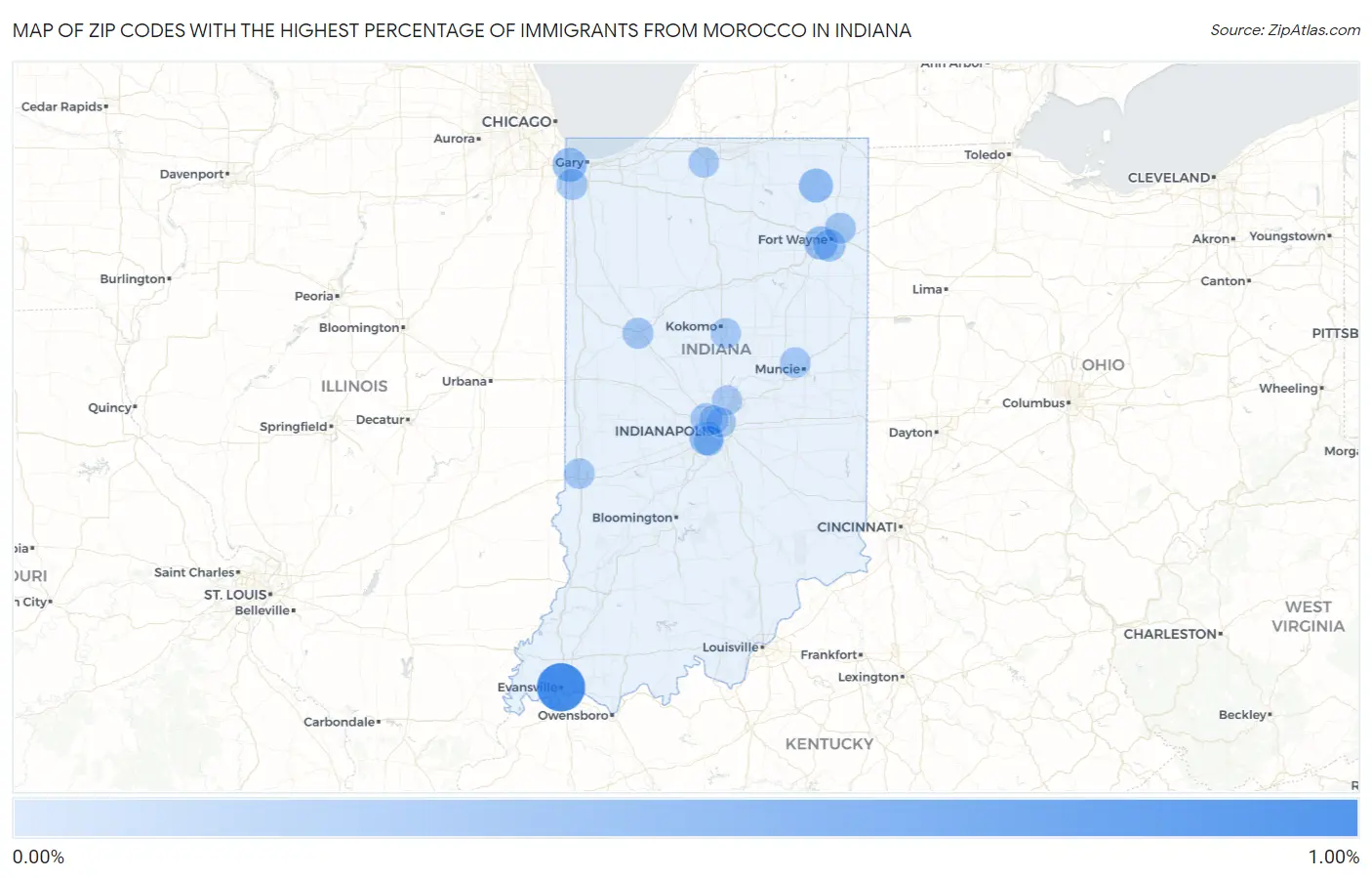 Zip Codes with the Highest Percentage of Immigrants from Morocco in Indiana Map