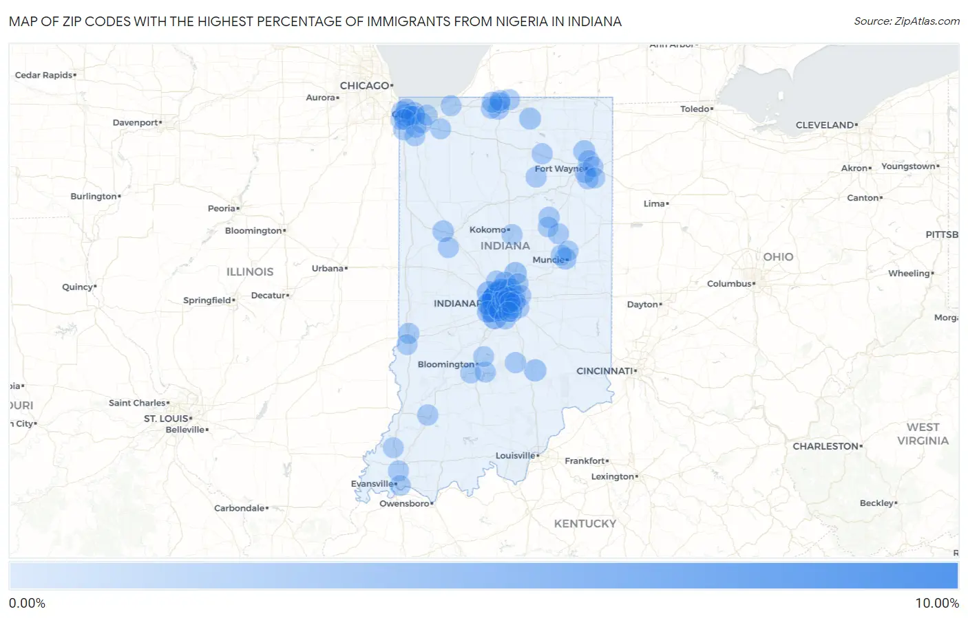 Zip Codes with the Highest Percentage of Immigrants from Nigeria in Indiana Map