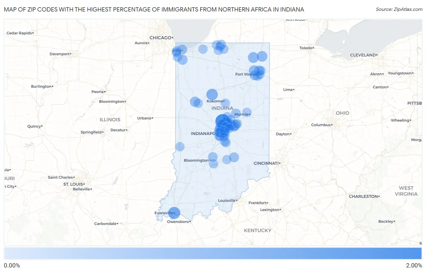 Zip Codes with the Highest Percentage of Immigrants from Northern Africa in Indiana Map