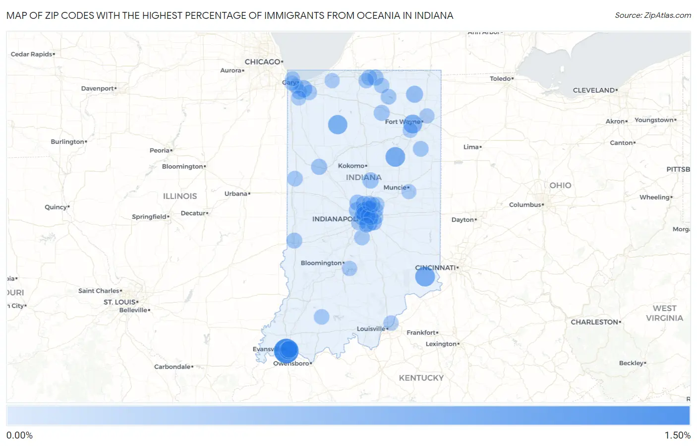 Zip Codes with the Highest Percentage of Immigrants from Oceania in Indiana Map