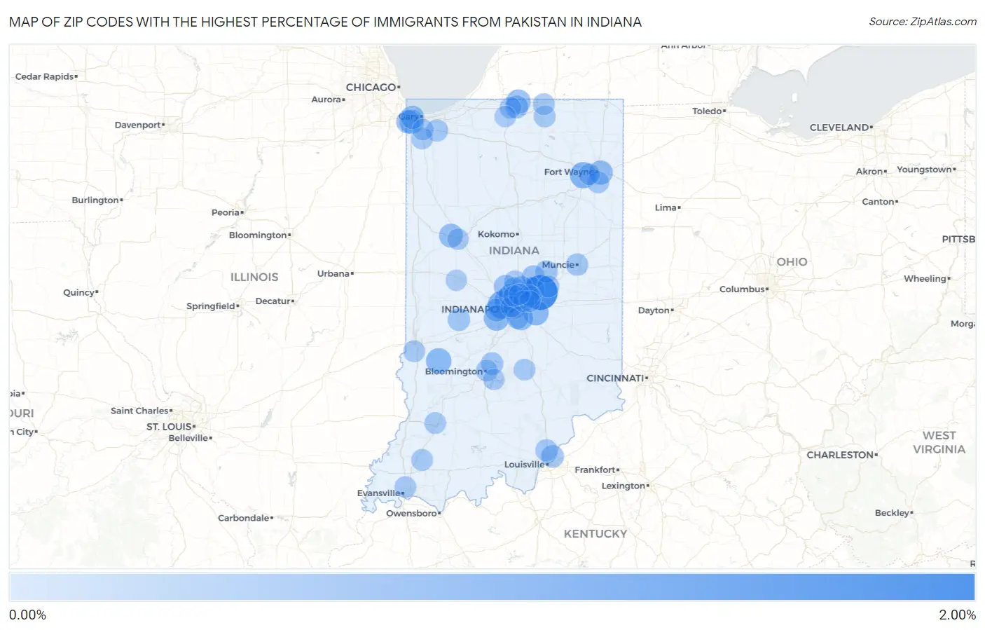 Zip Codes with the Highest Percentage of Immigrants from Pakistan in Indiana Map