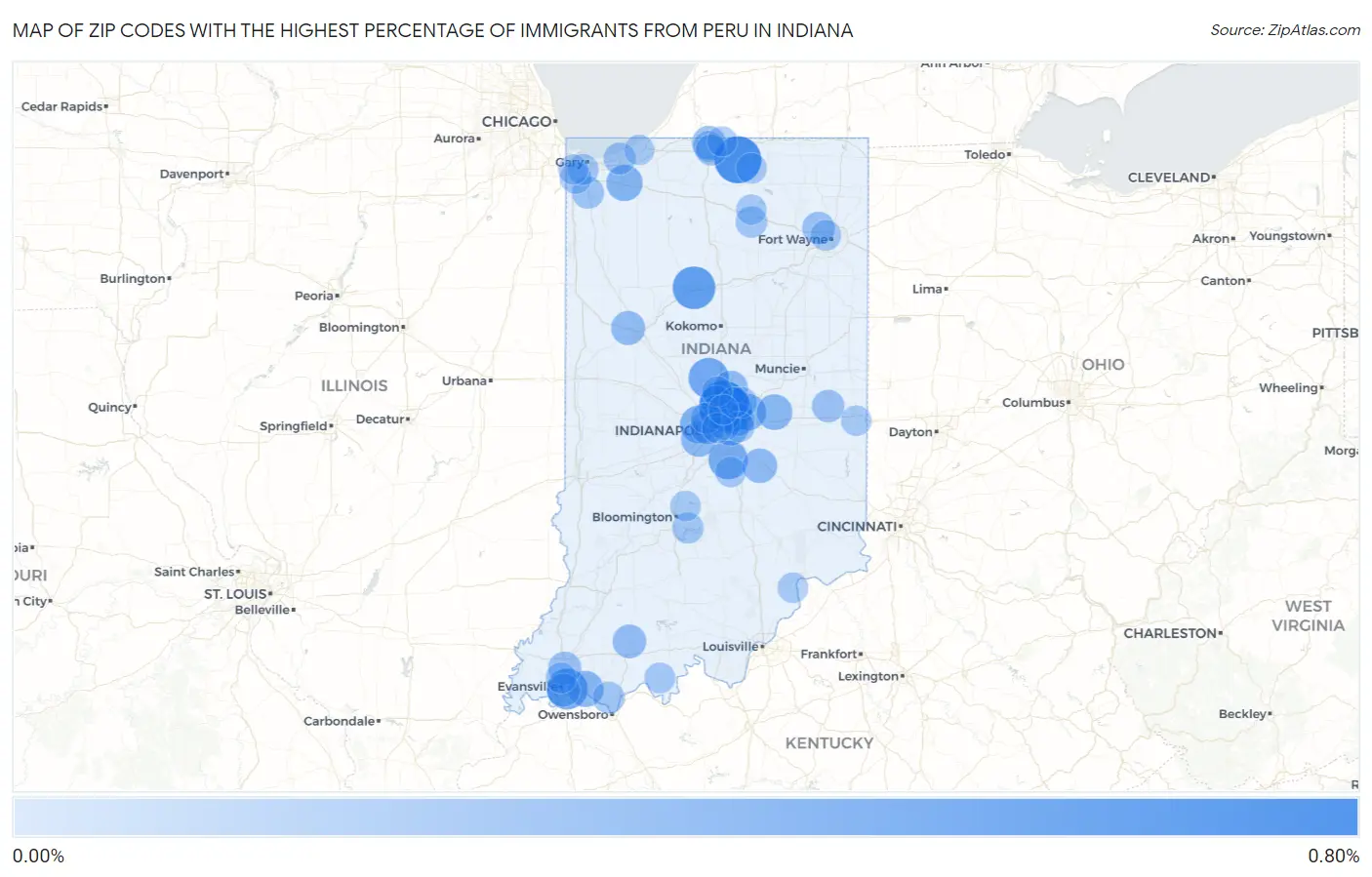 Zip Codes with the Highest Percentage of Immigrants from Peru in Indiana Map
