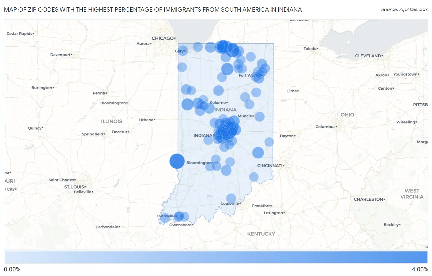 Zip Codes with the Highest Percentage of Immigrants from South America in Indiana Map