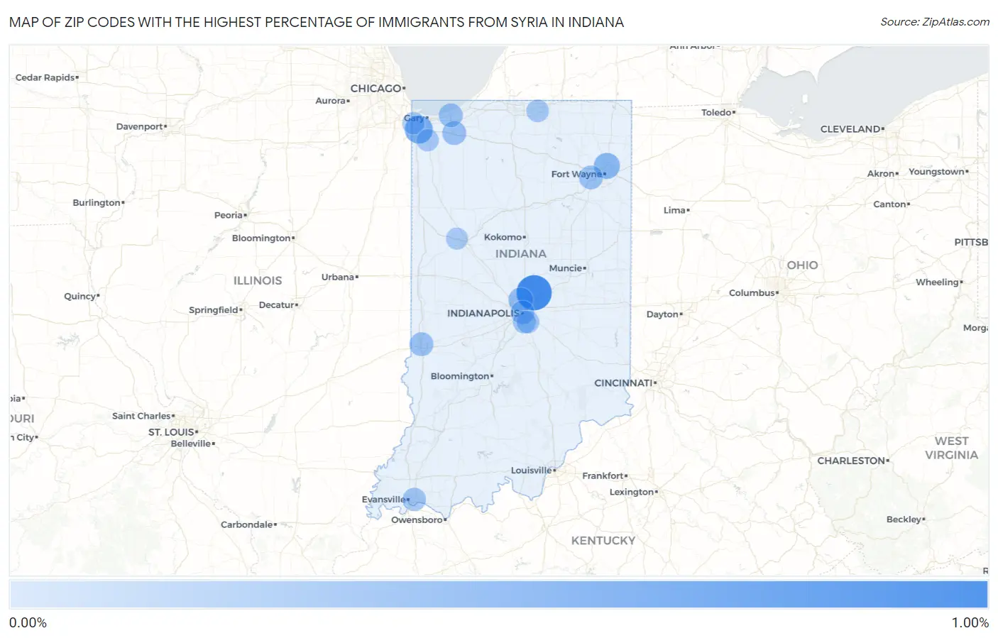 Zip Codes with the Highest Percentage of Immigrants from Syria in Indiana Map