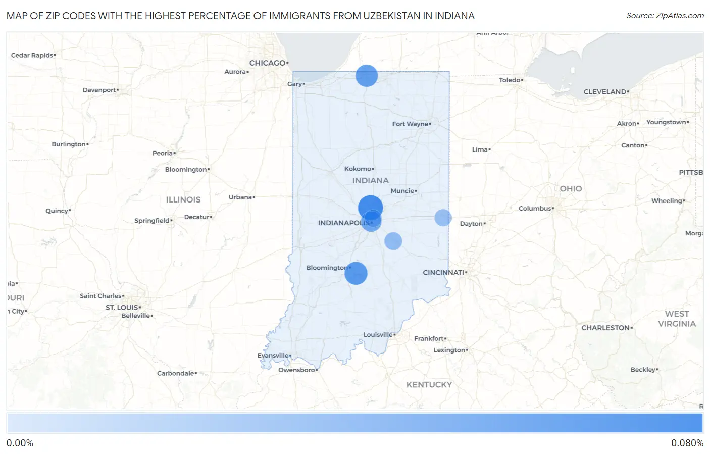 Zip Codes with the Highest Percentage of Immigrants from Uzbekistan in Indiana Map